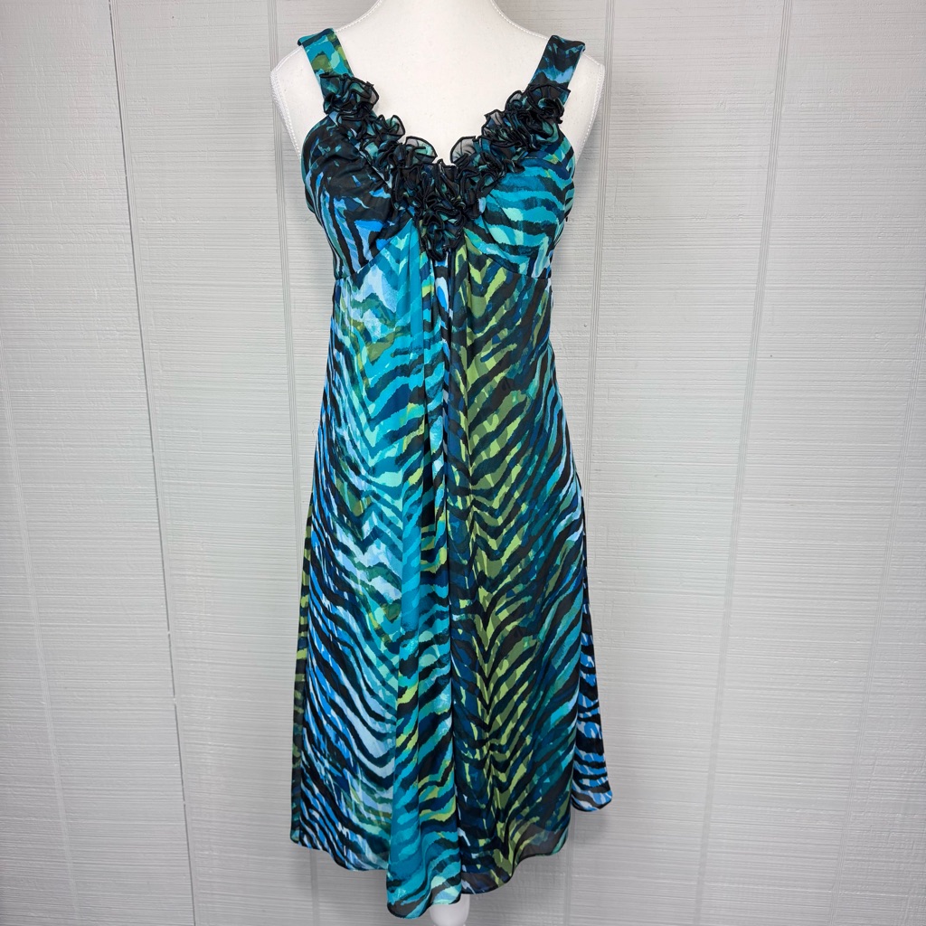 Valerie Bertinelli Y2k Dress Zebra Print Blue Green Ruffle V-Neck Sleeveless 6